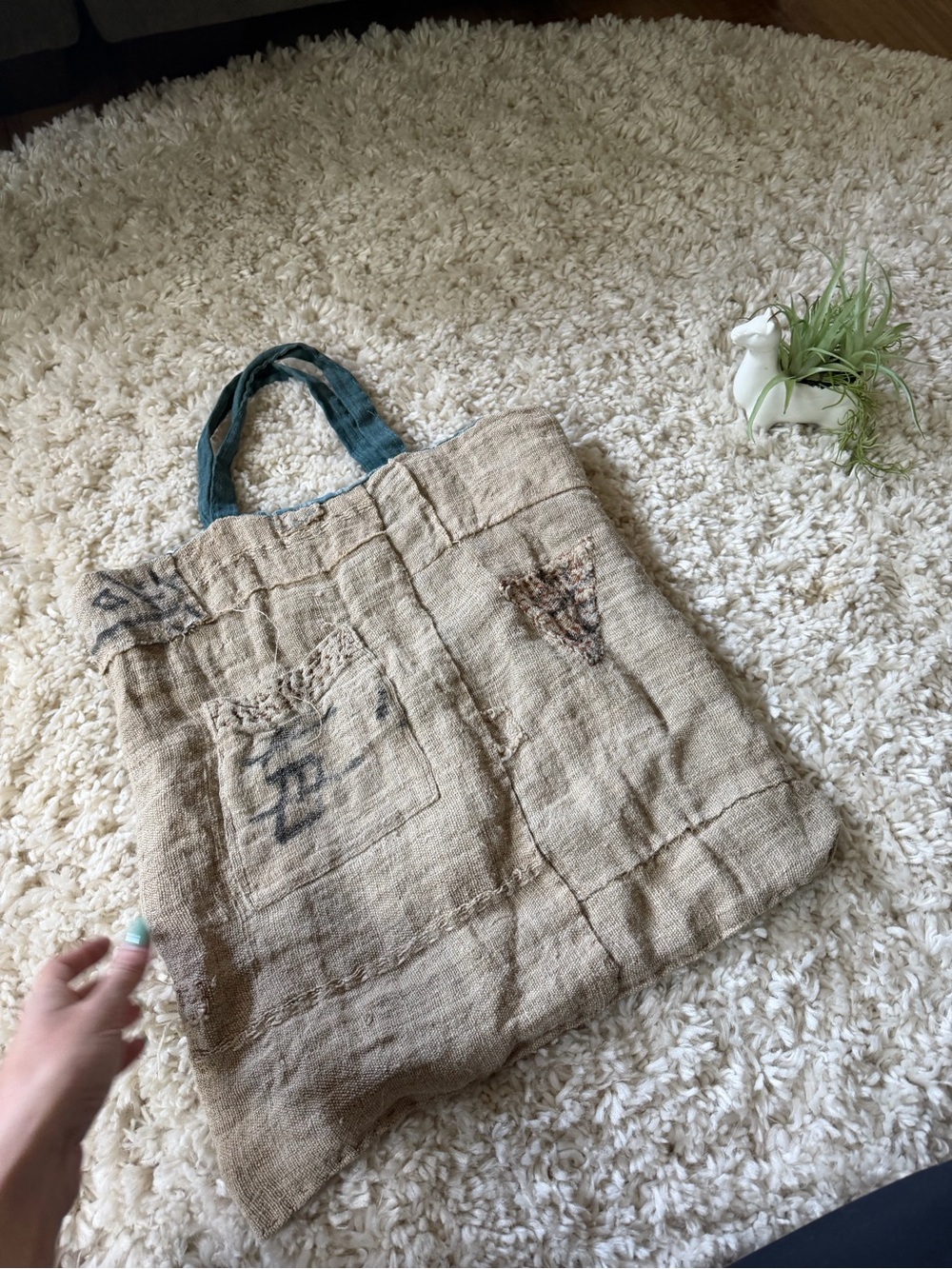 Natural Beige Burlap Tote with Teal Handles trending potato vintage bag bohemian